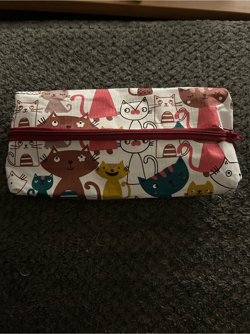 Hand Crafted Cat Pattern Pencil Case in Cream, Brown, Yellow, Teal & Pink